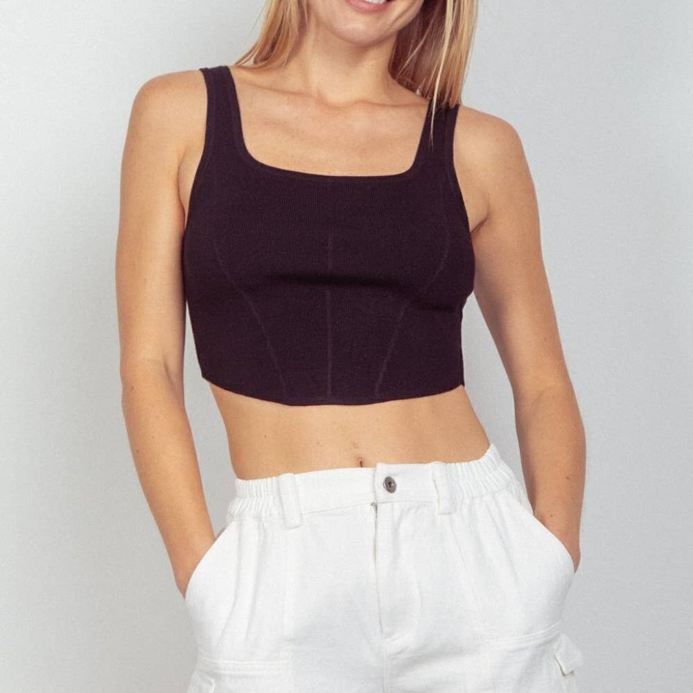 Very J Black Square Neck Crop Fitted Sweater Knit Tank Top
